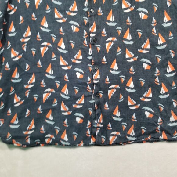 Perry Ellis Mens XLT Tall 100% Linen Shirt Sail Boat Print Navy Blue Camp Beach - Picture 2 of 10